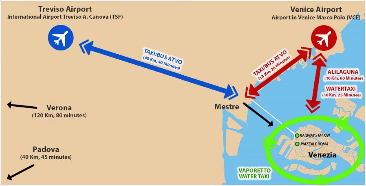 carte de l'aéroport de Venise et la gare de
